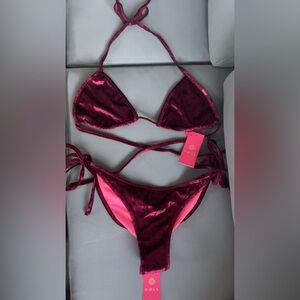 Velvet Bikini Set in Burgundy and Pink